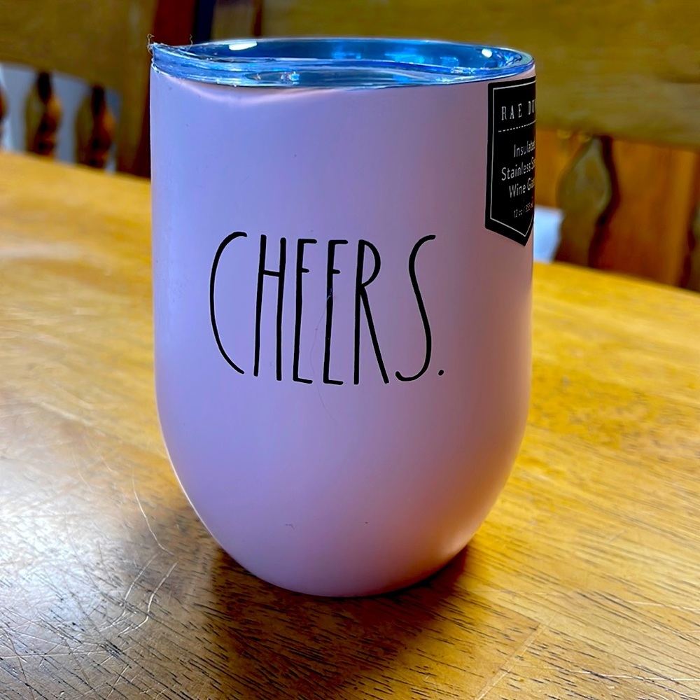 Rae Dunn; CHEERS pink insulated stainless steel wine glass.